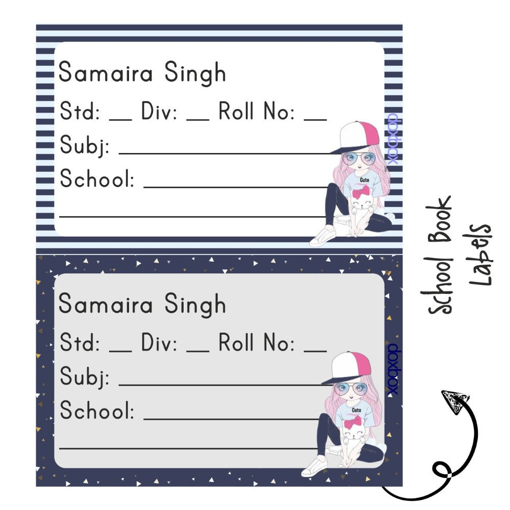 School Book Label - Girl With Cat