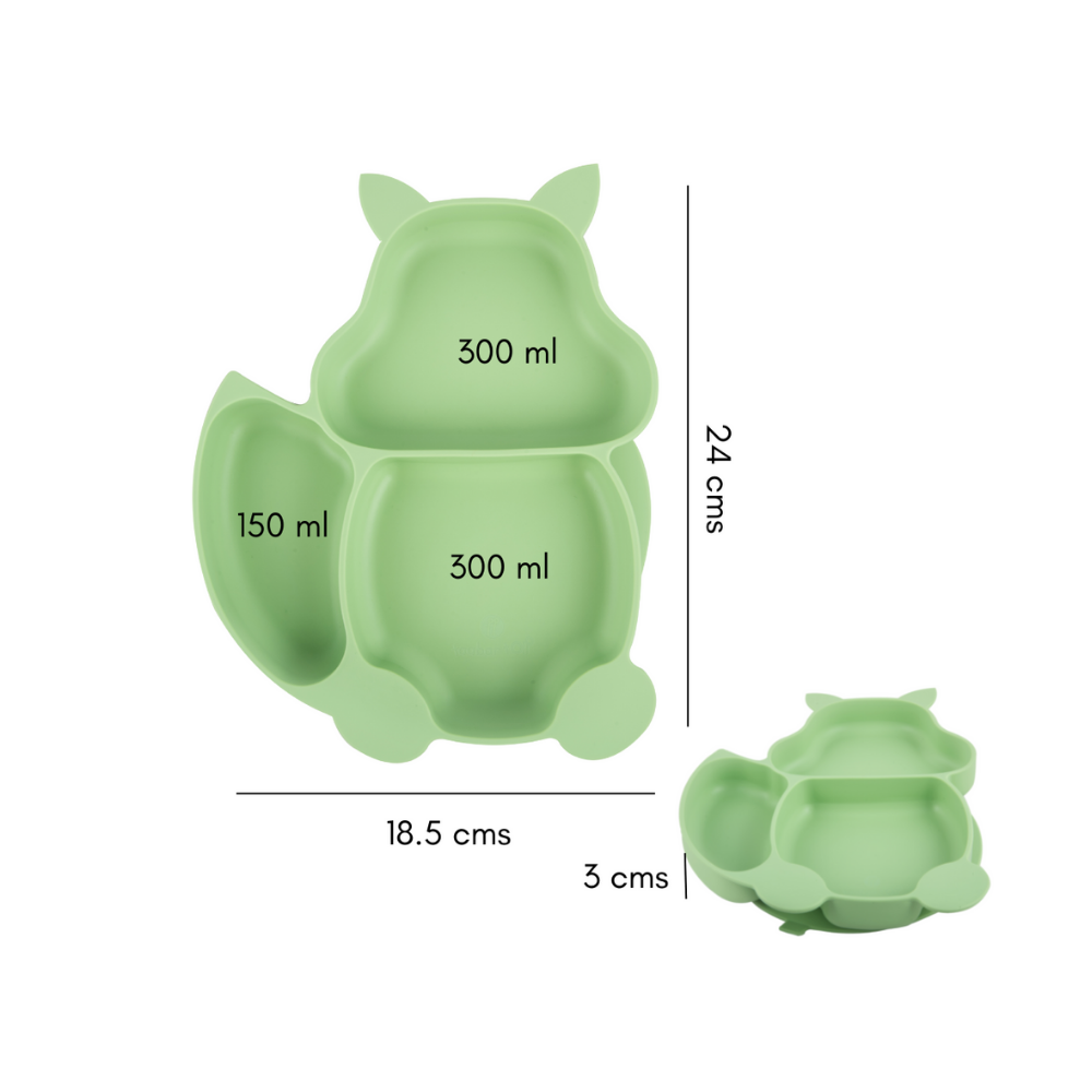 Silicone Squirrel Plate With Suction + Spoon And Fork Set  - Green