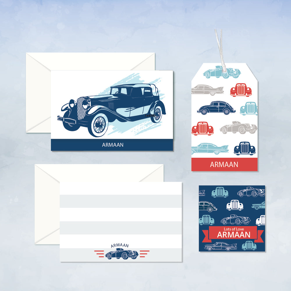 Personalized Stationery Gift Set - Cars, Set of 24 or 48