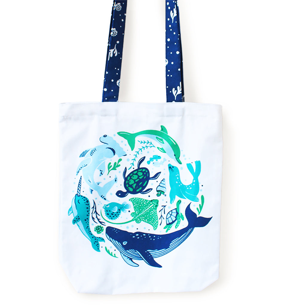 Reusable Eco Friendly Canvas Tote Bag with Zippered Closure Front Back Illustrations - Save The Seas