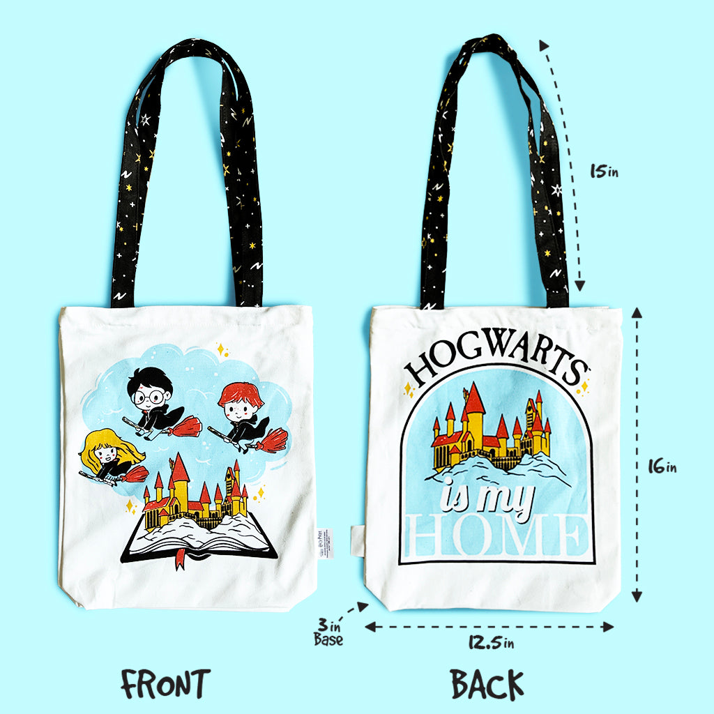 Reusable Eco Friendly Canvas Tote Bag with Zippered Closure Front Back Illustrations - Official Harry Potter - Hogwarts