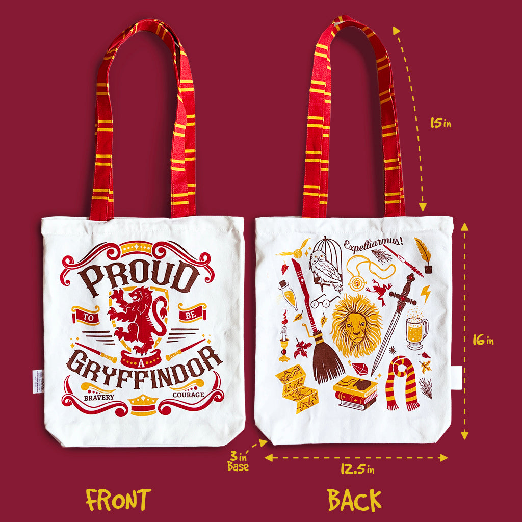 Reusable Eco Friendly Canvas Tote Bag with Zippered Closure Front Back Illustrations - Official Harry Potter - Gryffindor