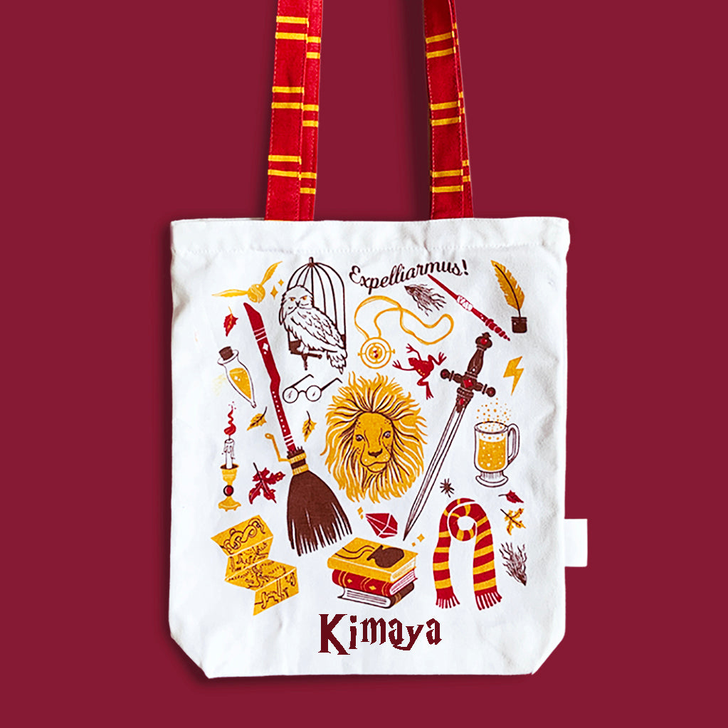 Reusable Eco Friendly Canvas Tote Bag with Zippered Closure Front Back Illustrations - Official Harry Potter - Gryffindor