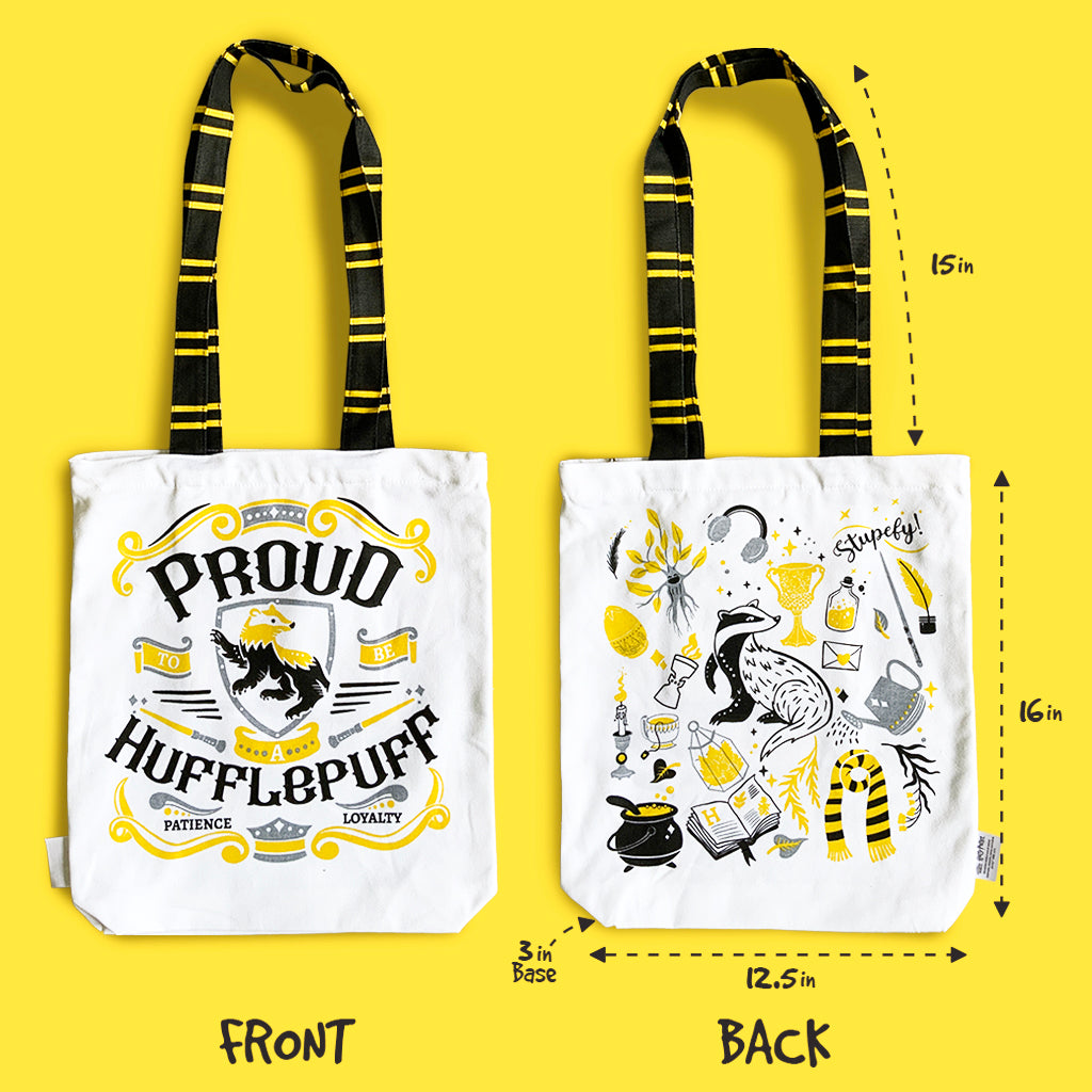 Reusable Eco Friendly Canvas Tote Bag with Zippered Closure Front Back Illustrations - Official Harry Potter - Hufflepuff