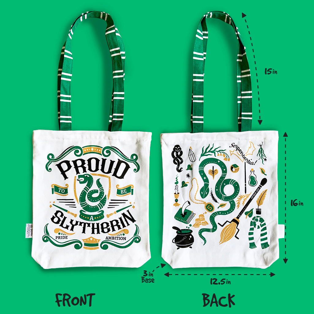 Reusable Eco Friendly Canvas Tote Bag with Zippered Closure Front Back Illustrations - Official Harry Potter - Slytherin
