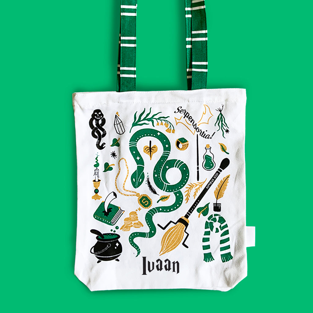 Reusable Eco Friendly Canvas Tote Bag with Zippered Closure Front Back Illustrations - Official Harry Potter - Slytherin