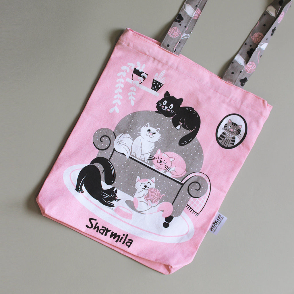 Cotton Canvas Tote Bag With Zippered Closure Reusable Shopping Multipurpose Bags With Front Back Illustrations - Cosy Cats