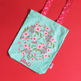 Canvas Tote Bag With Zippered Closure Reusable Shopping Multipurpose Bags With Front Back Illustrations -  Spring Flower - Green