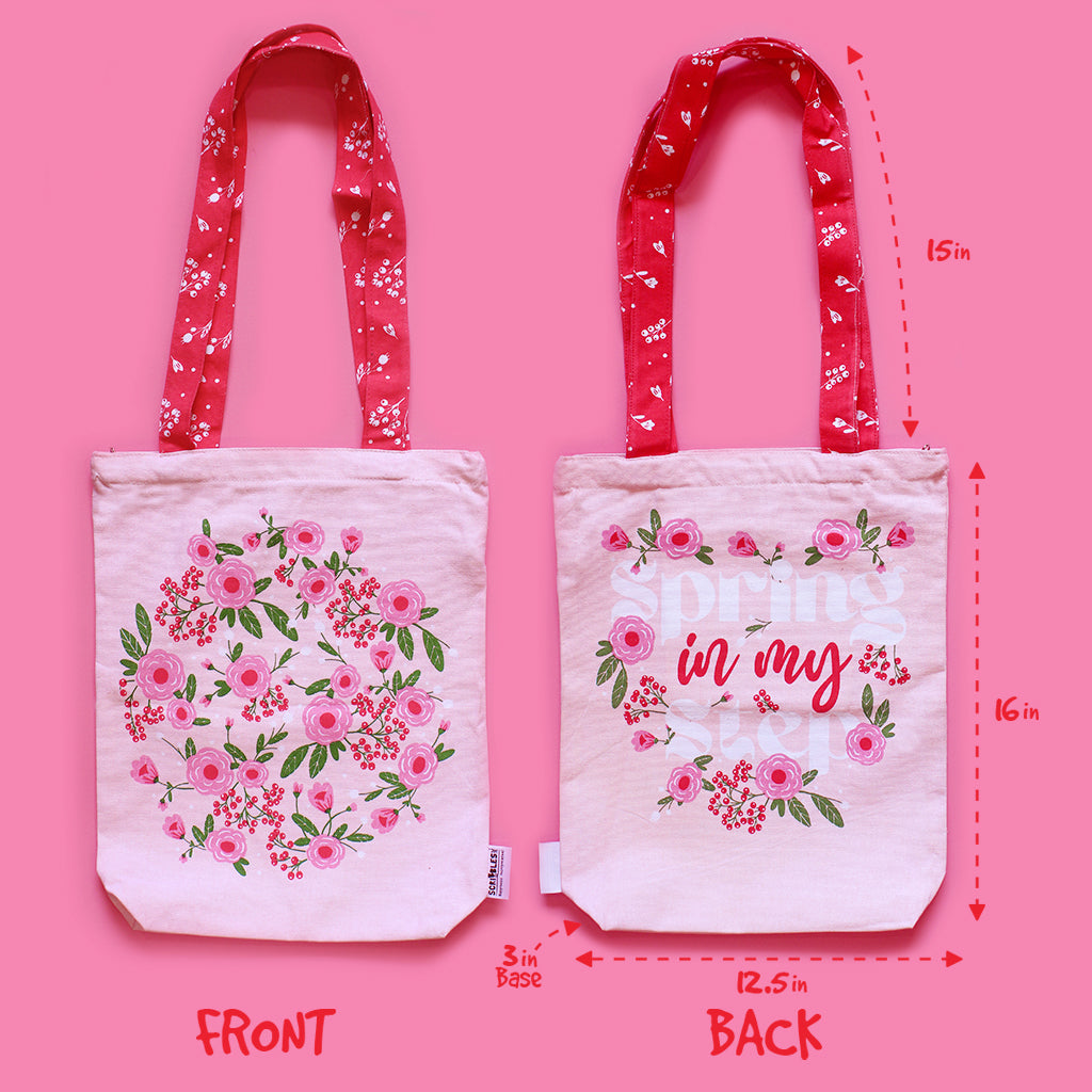 Cotton Canvas Tote Bag with Zippered Closure Reusable Shopping Multipurpose Bags With Front Back Illustrations - Spring Flower - Pink