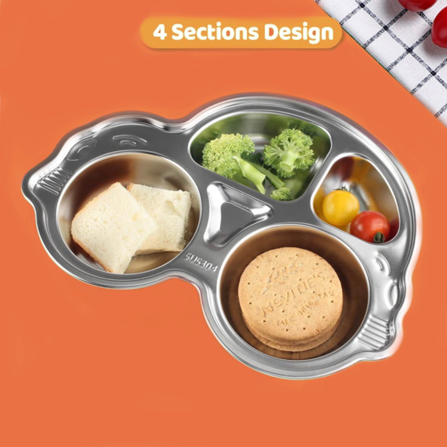 Theoni Stainless Steel Divided Meal  Plate Tray-4Compartments Dinner Dish for Baby- Toddler- Kids Feeding set - Car Shape- BPA-Free Safe Fun Non-Toxic Heavy Duty .