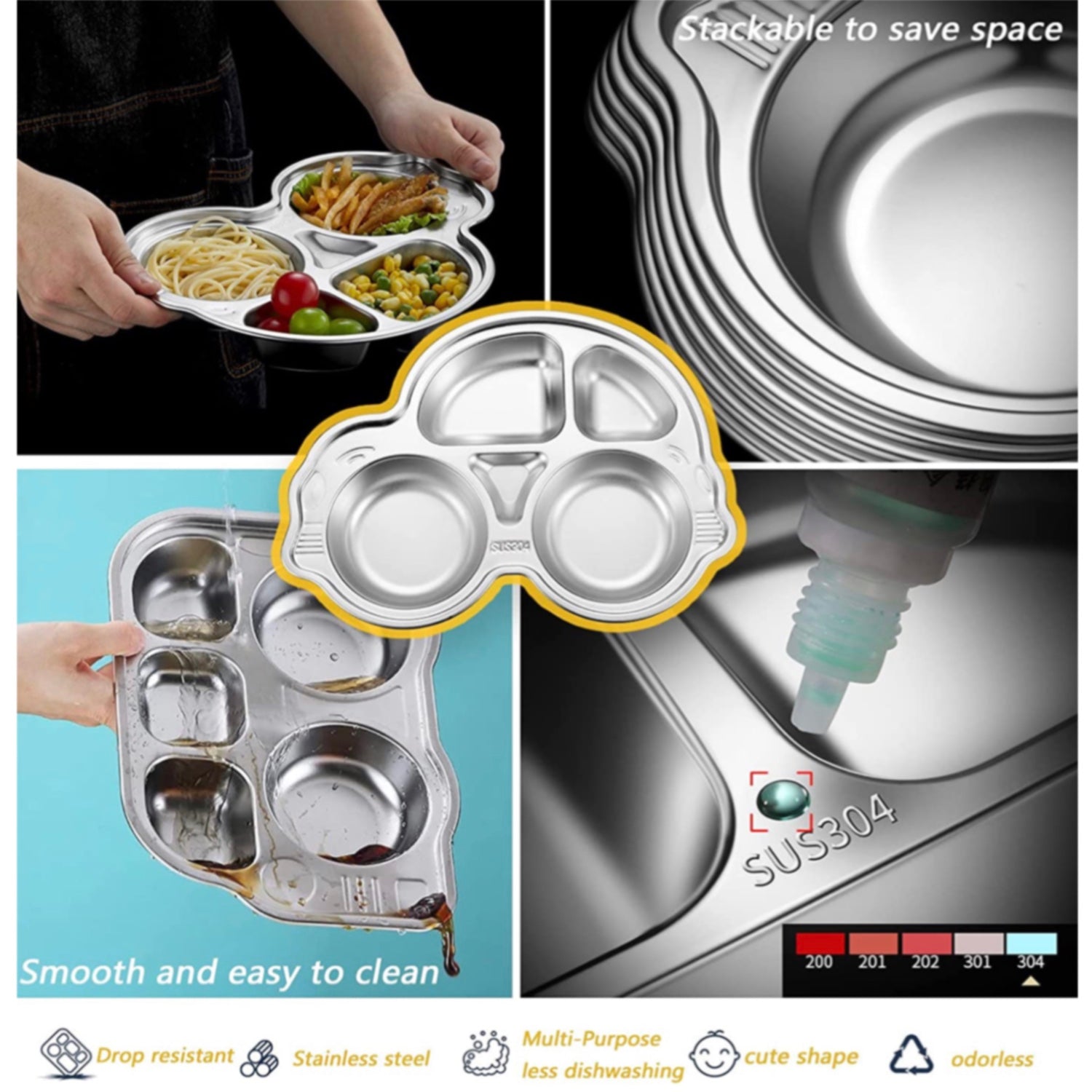 Theoni Stainless Steel Divided Meal  Plate Tray - 5Compartments Dinner Dish for Baby- Toddler- Kids Feeding set - bus  Shape- BPA-Free Safe Fun Non-Toxic Heavy Duty .