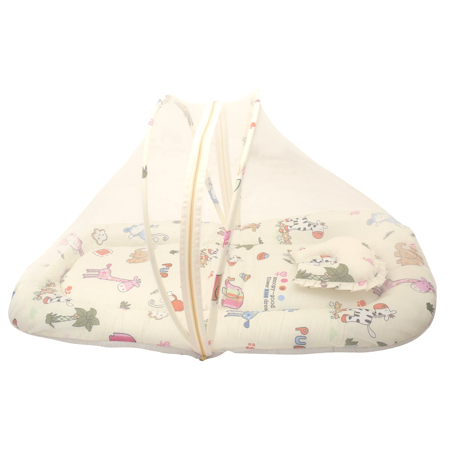 Baby Moo Tent Mattress Set With Neck Pillow I Love Animals Cream