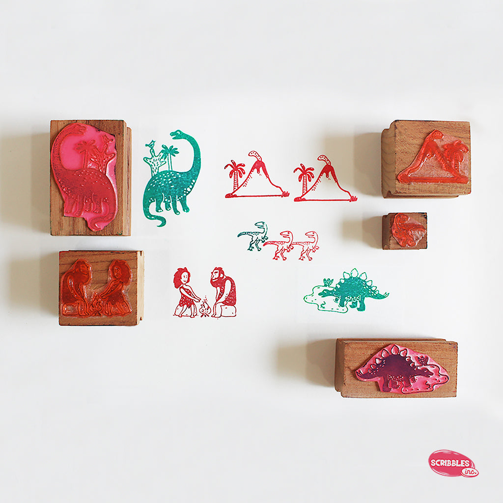 Wooden Stamp-A-Scene - Pre-historic Life (Red & Green Stamp Pad)