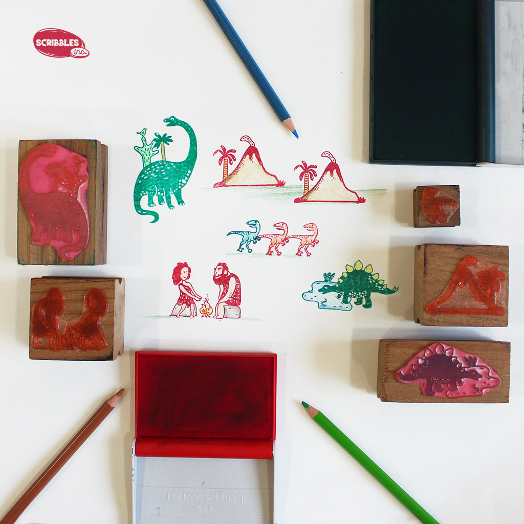 Wooden Stamp-A-Scene - Pre-historic Life (Red & Green Stamp Pad)