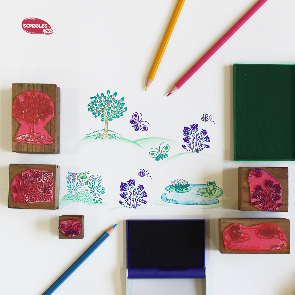 Wooden Stamp-A-Scene - Wildflower Garden (Green & Purple Stamp Pad)