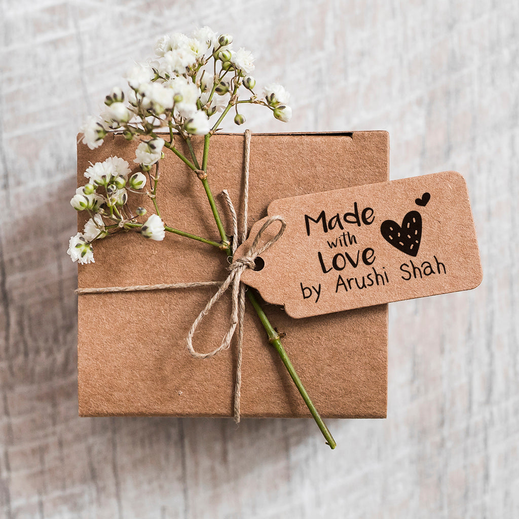 Personalised Wooden Text Stamp With Stamp Pad - Made With Love Hearts