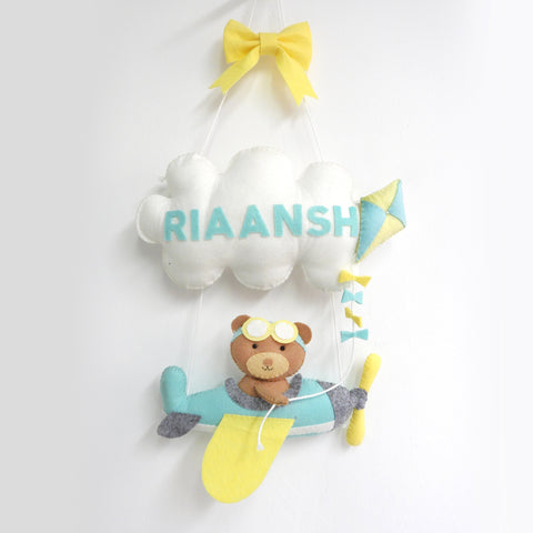 Teddy On An Airplane- Personalised Wall Hanging- Blue