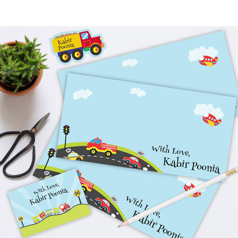 Personalised Gift Envelopes, Cards & Stickers Combo - Transport, Set of 130
