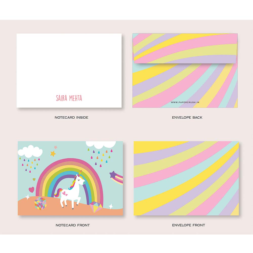 Unicorn & Rainbow -Folded-Notecards + Envelopes - Set of 25