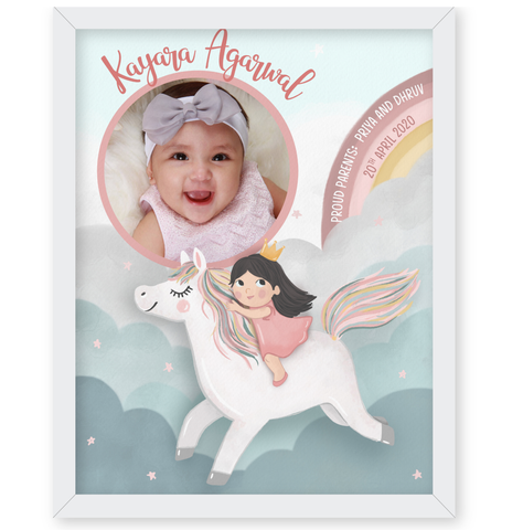 Illustrated Baby Girl Birth Detail Frame - Unicorn Skies