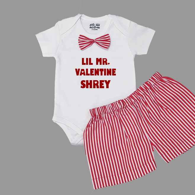 Little Mr Valentine White Onesie & Striped Shorts Set