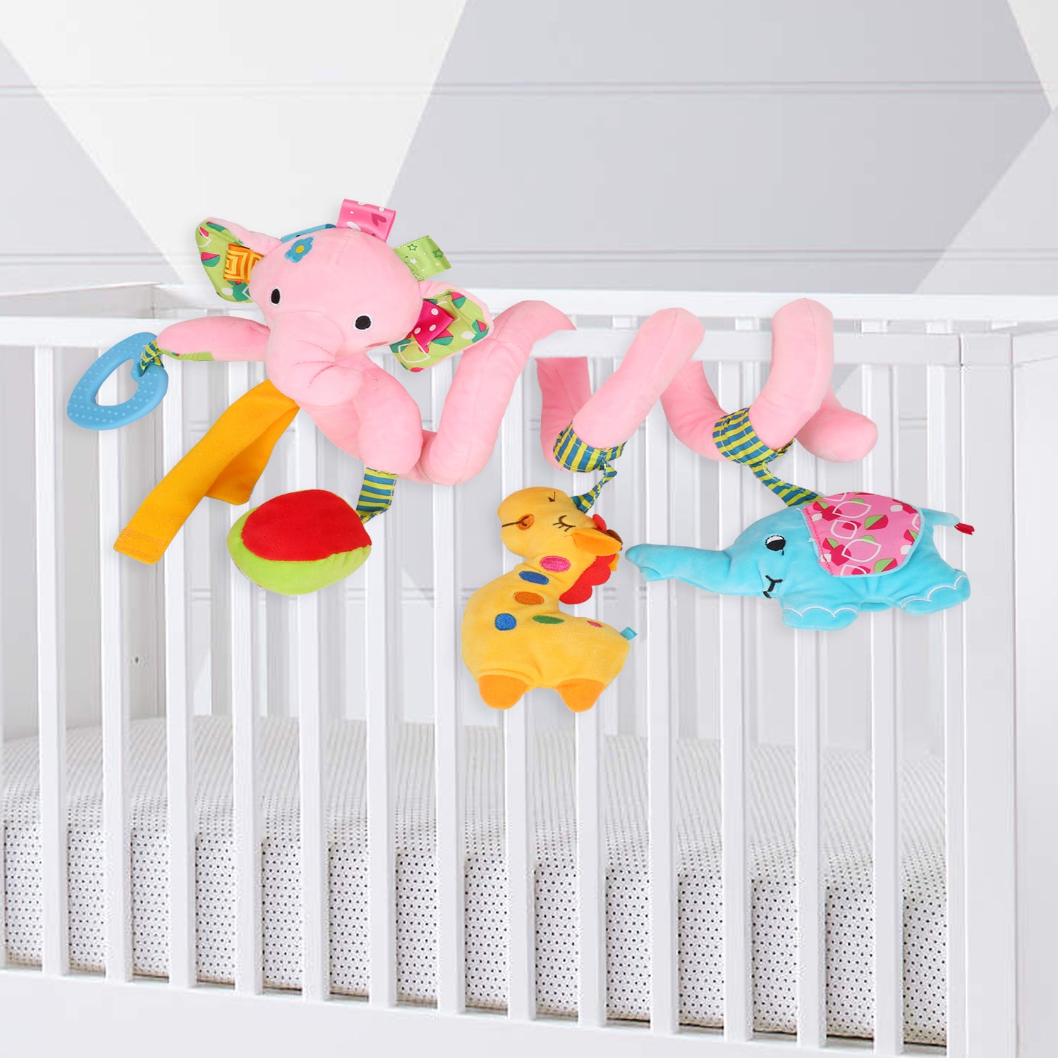 Baby Moo Elephant Pink Pram And Crib Spiral Toy