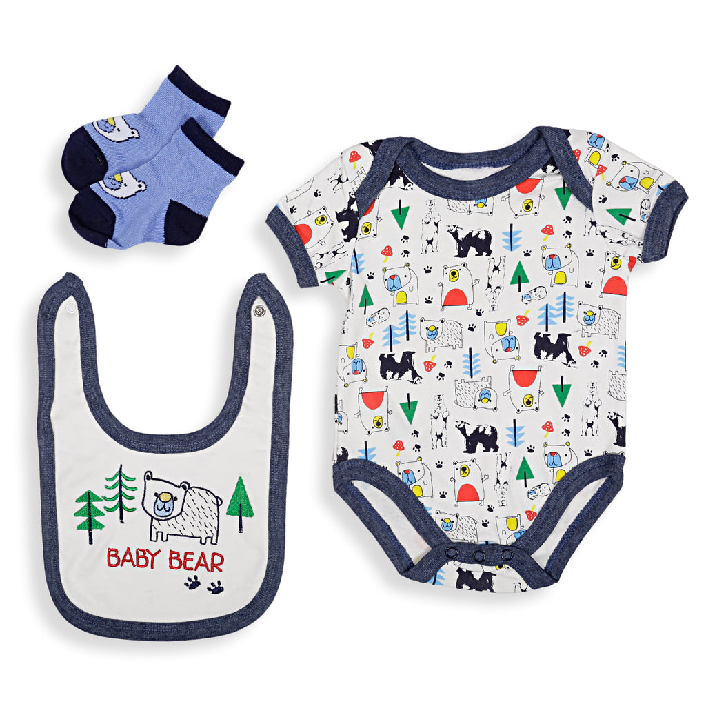 Baby Moo Gift Set Set Of 5 Bib Body Suits Pant And Socks Bear Blue ( 0-9 Months)