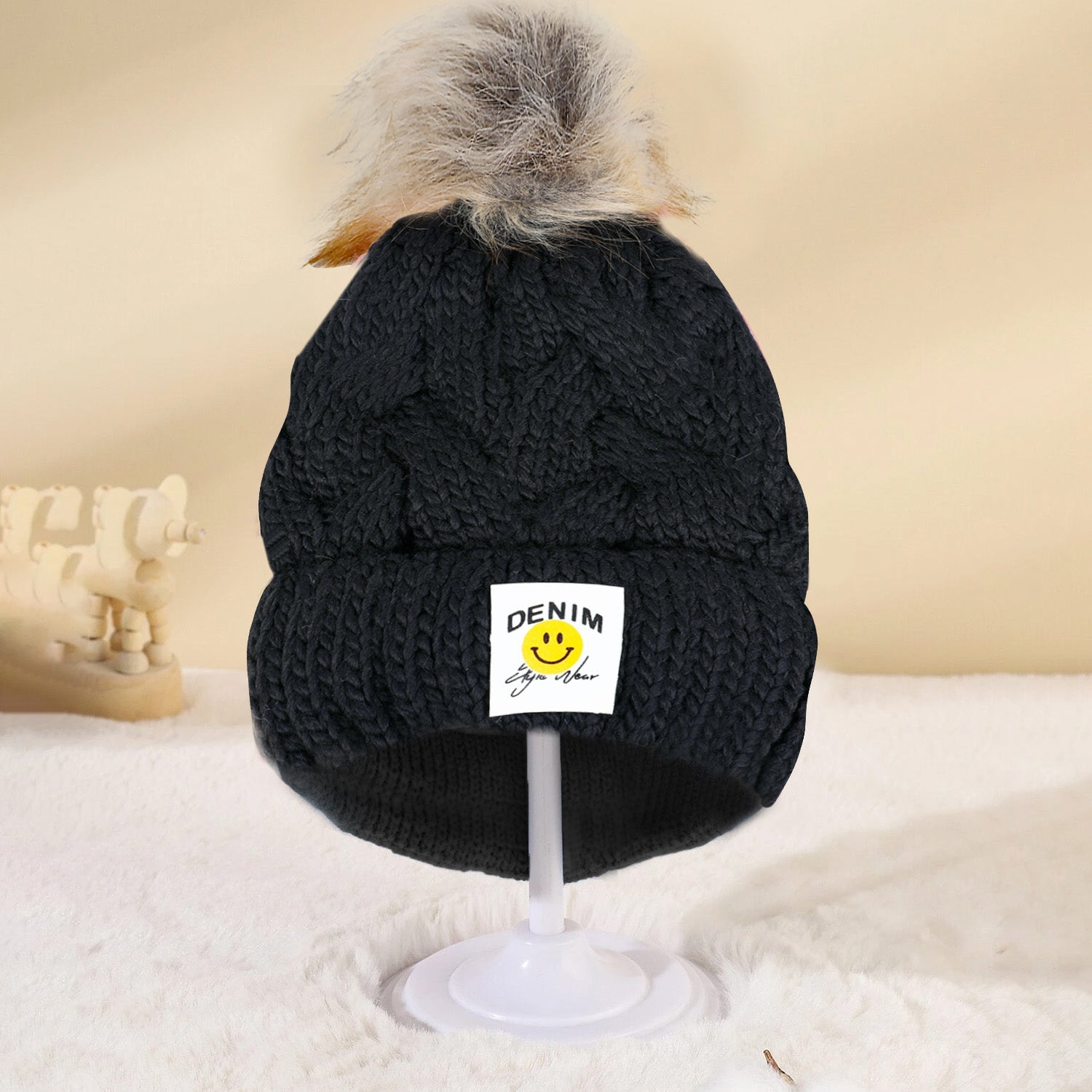 Baby Moo Pom Pom Knitted Woollen Cap - Black - Baby Moo