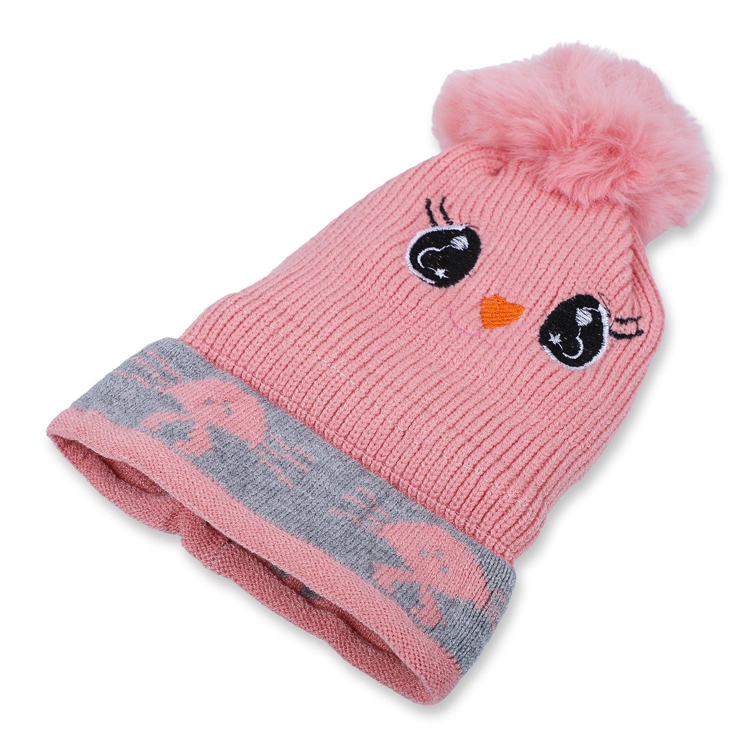 Baby Moo Tweety Eyes Pom Pom Woollen Cap - Peach - Baby Moo