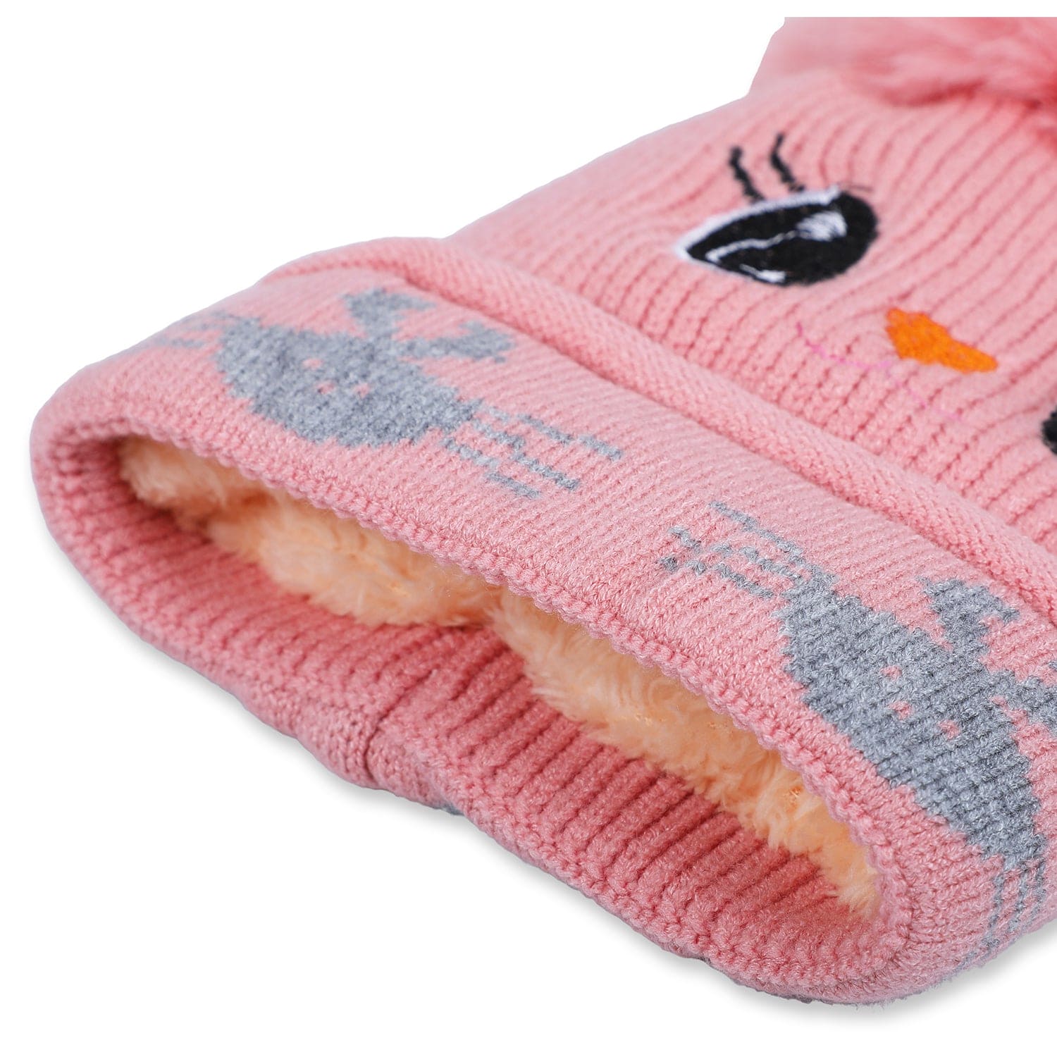 Baby Moo Tweety Eyes Pom Pom Woollen Cap - Peach - Baby Moo