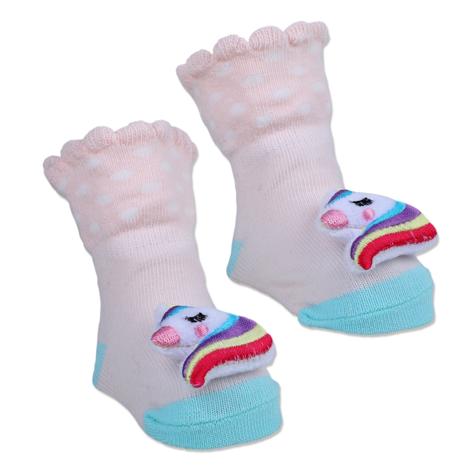 Baby Moo Unicorn Embroidered Cotton Anti-Skid 3D Socks - Pink