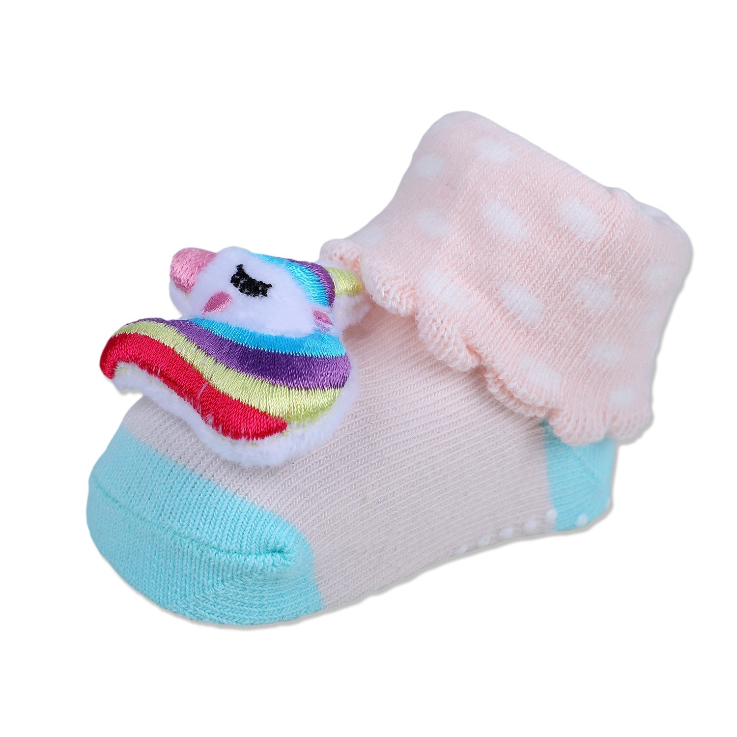 Baby Moo Unicorn Embroidered Cotton Anti-Skid 3D Socks - Pink