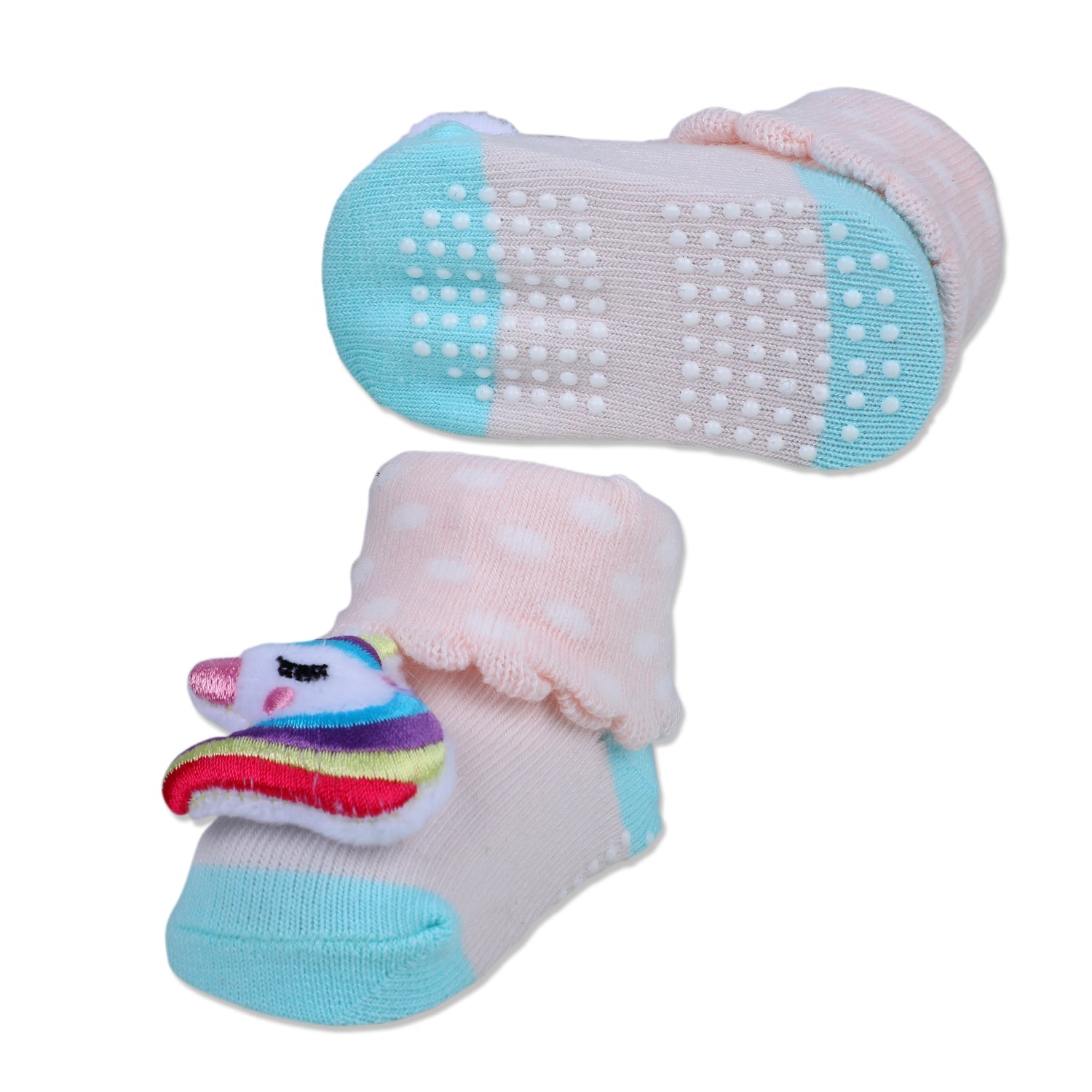 Baby Moo Unicorn Embroidered Cotton Anti-Skid 3D Socks - Pink