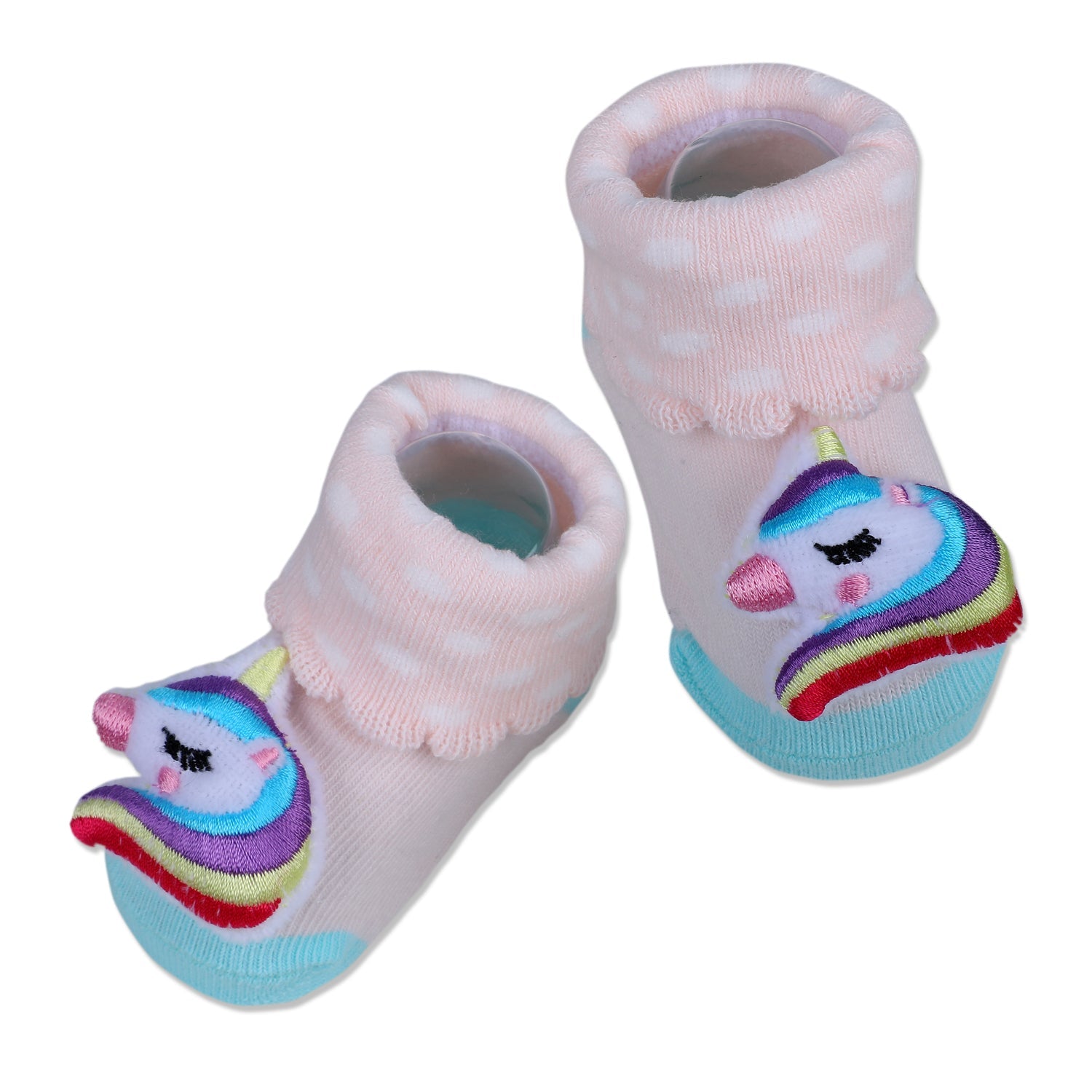 Baby Moo Unicorn Embroidered Cotton Anti-Skid 3D Socks - Pink