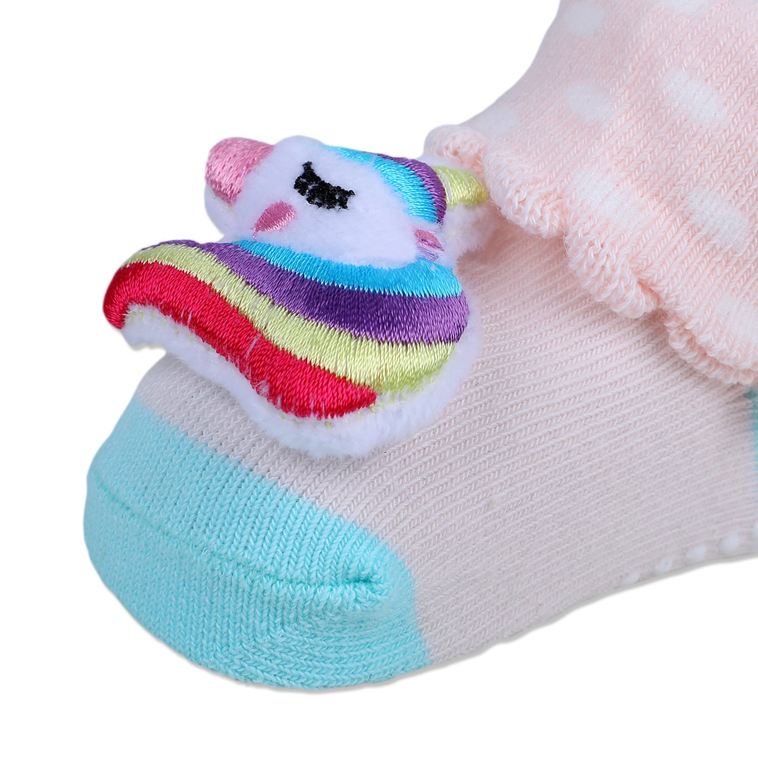 Baby Moo Unicorn Embroidered Cotton Anti-Skid 3D Socks - Pink