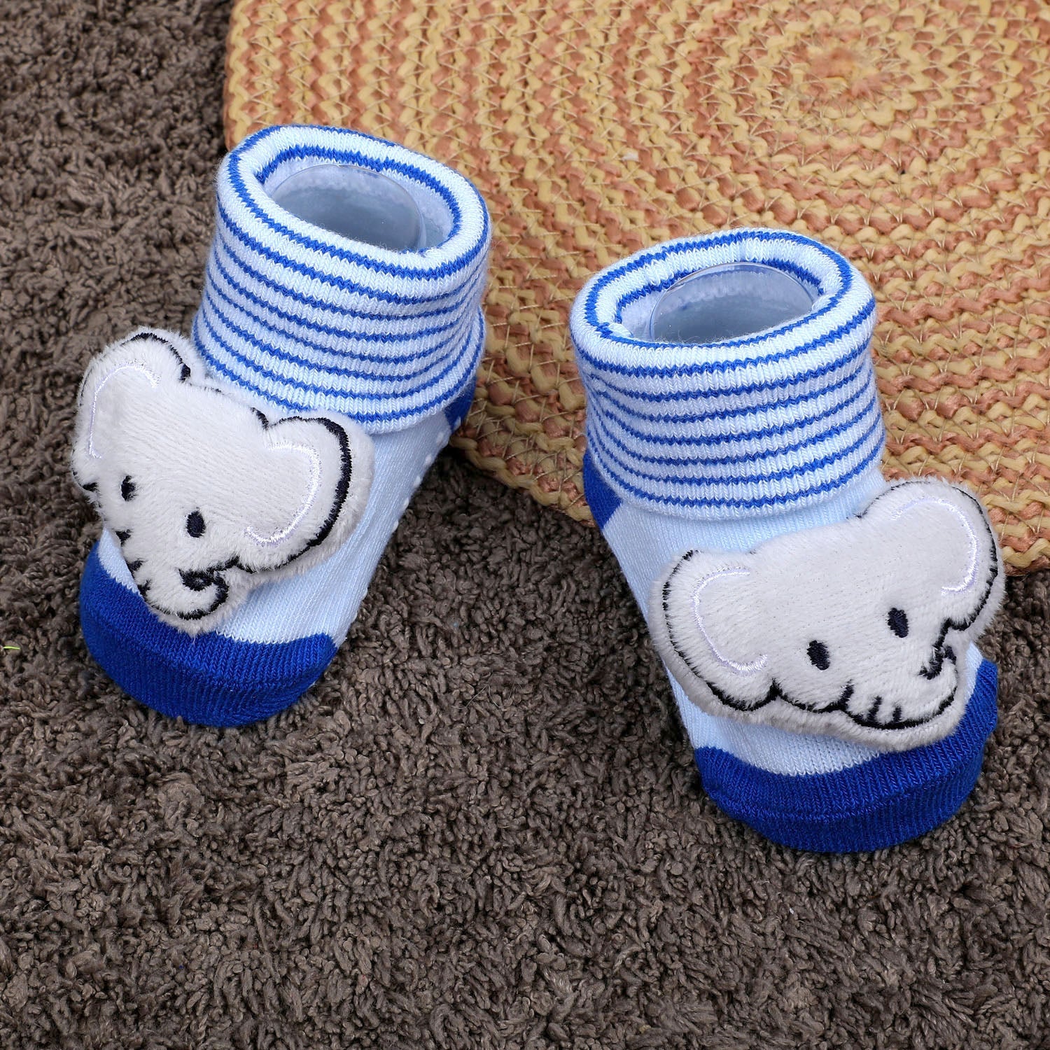 Baby Moo Elephant With Stripes Cotton Anti-Skid 3D Socks - Blue