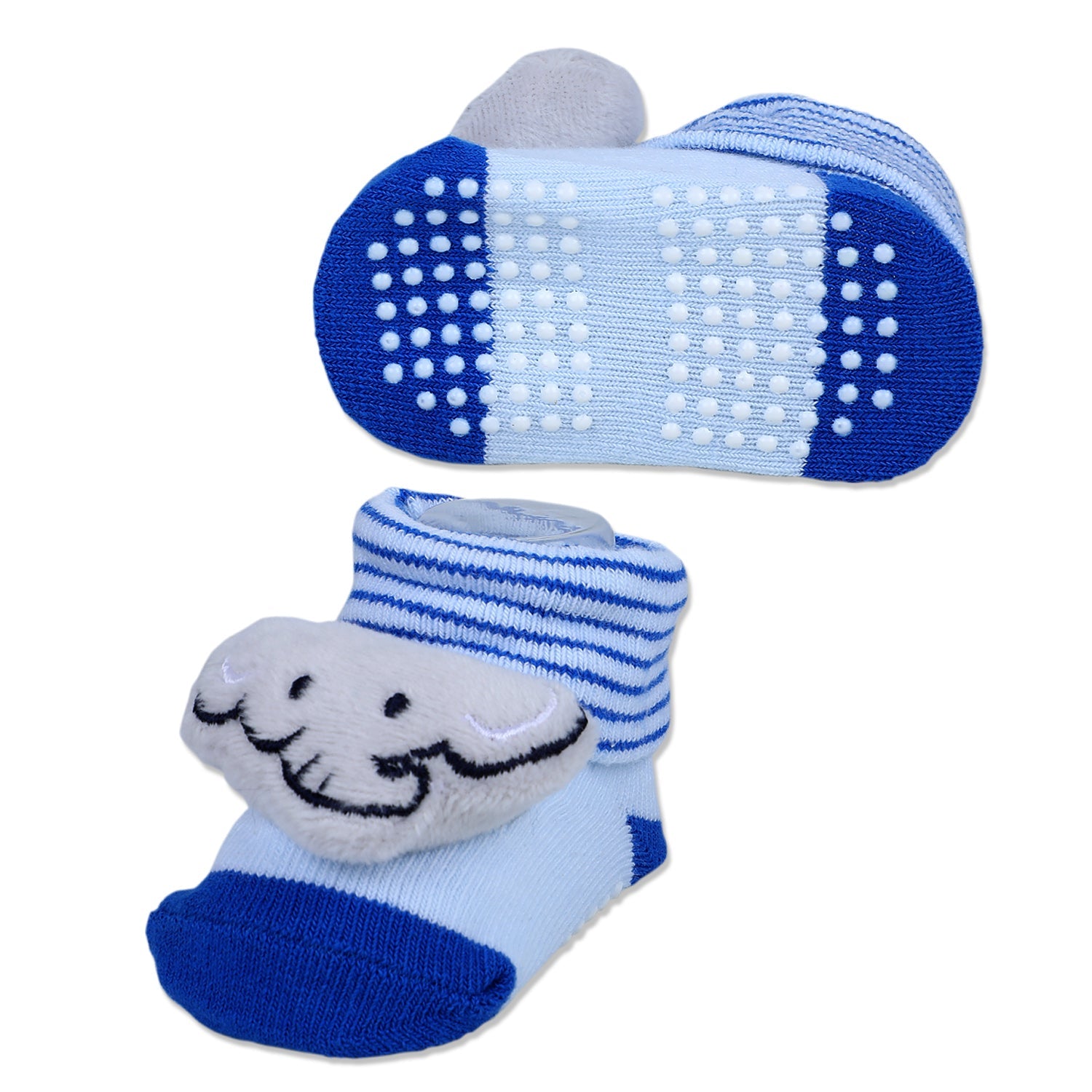 Baby Moo Elephant With Stripes Cotton Anti-Skid 3D Socks - Blue