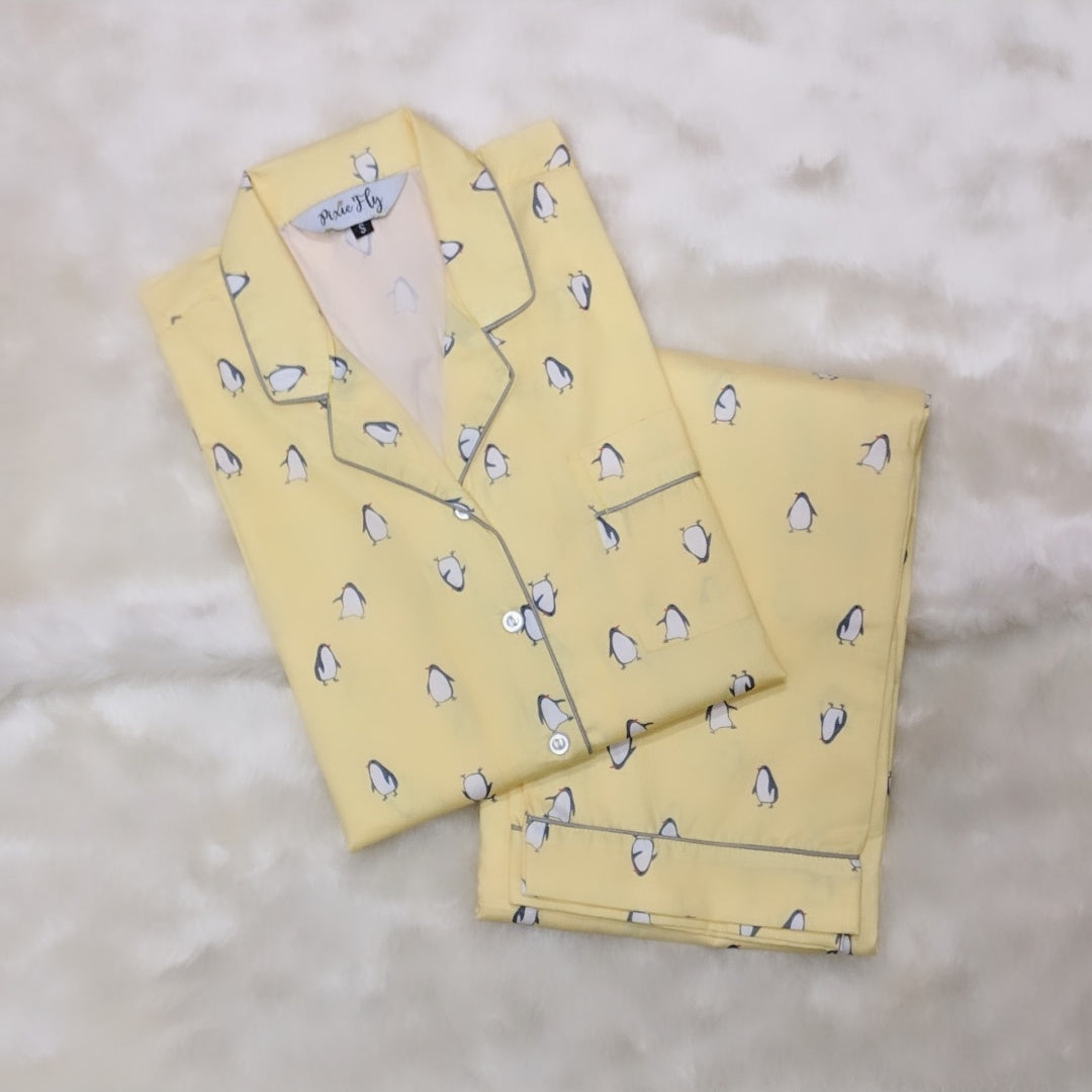 Adult Pyjama Set - Yellow Penguins, For Women