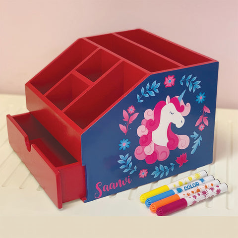 Stationery Stand With Drawer - Blue Unicorn