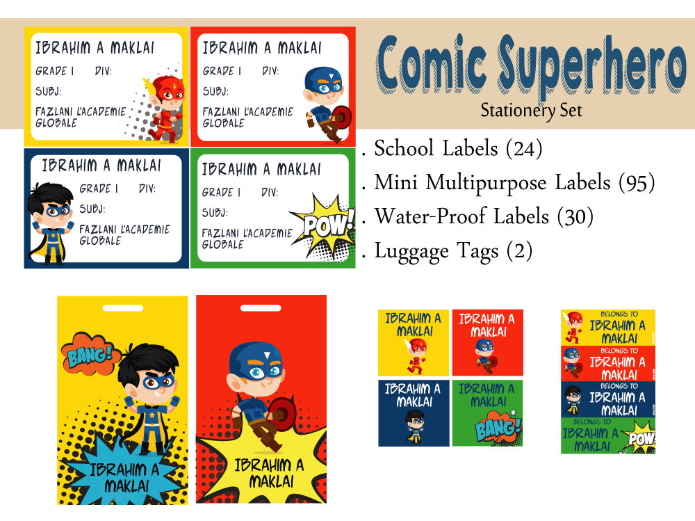 Label Set - Comic Superhero, 146 labels and 2 bag tags