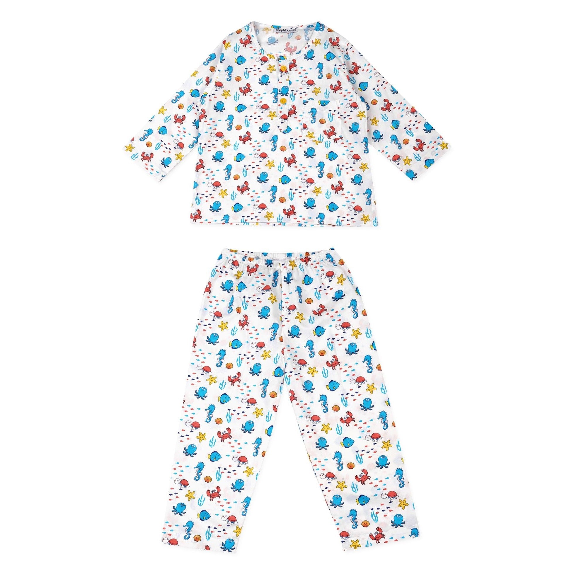 Under The Sea Print Long Sleeve Kids Round Neck Night Suit