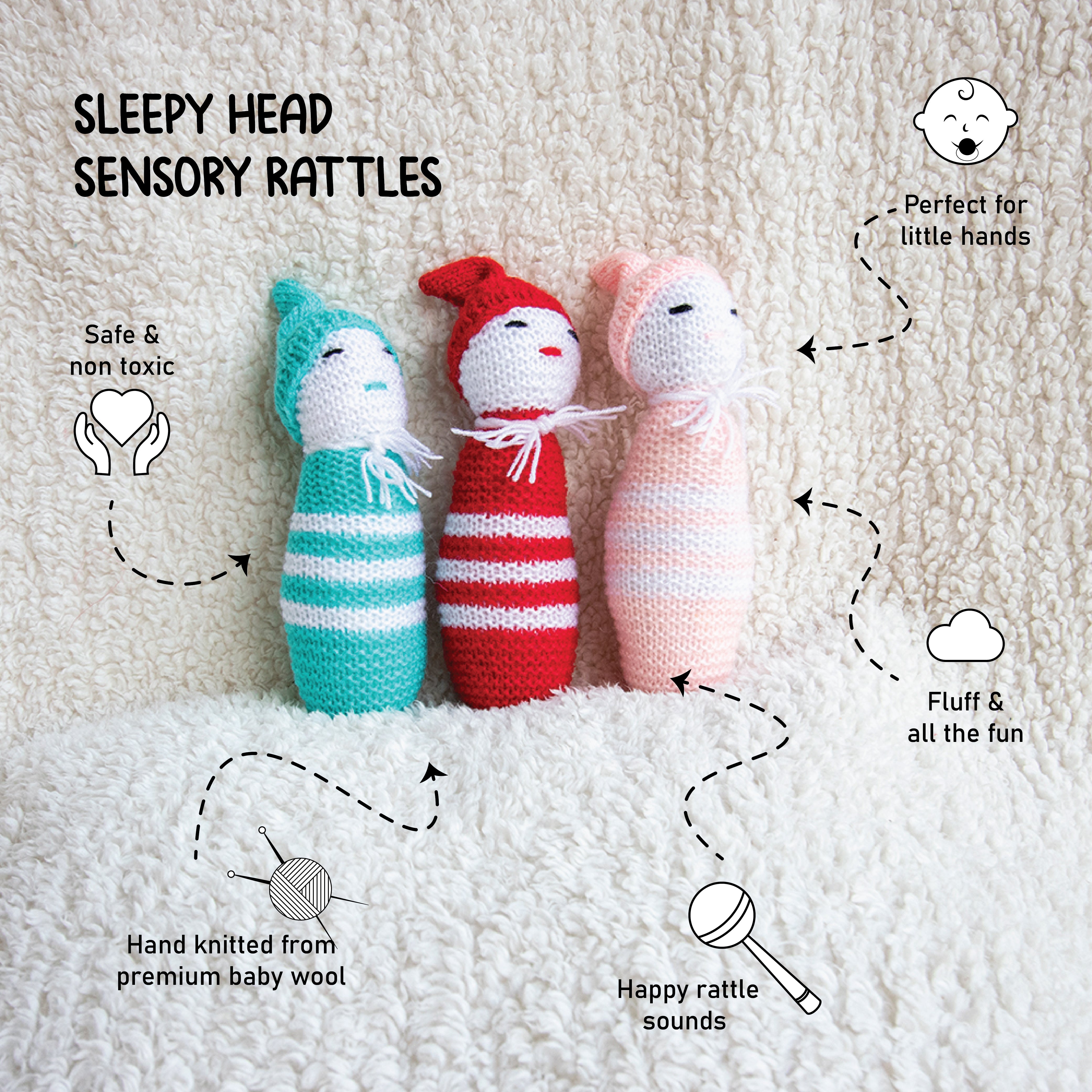 Sleepy Head Sensory Rattles- Set Of 3