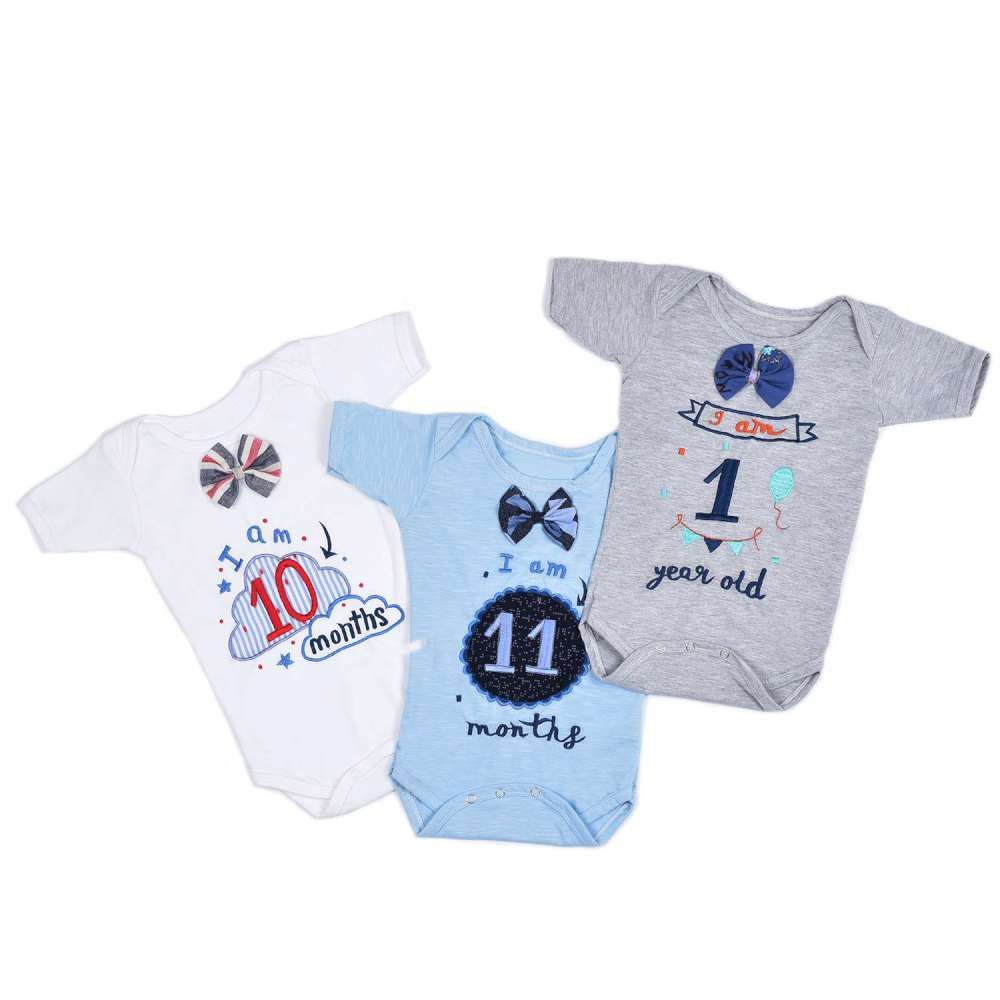 Hand Embroidered Milestone Romper Set of 12 - Bow Tie