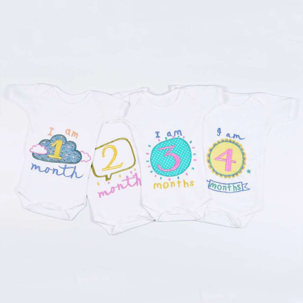Hand Embroidered Milestone Romper Set of 12 - Bubble Thoughts