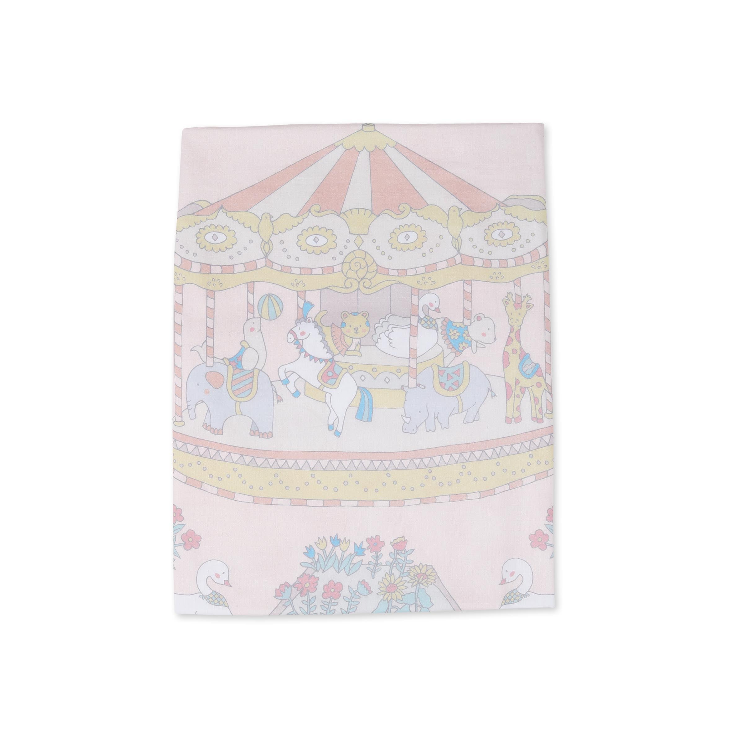 Carnival Blue baby bedding flatlay with organic muslin blanket, pillow and bolsters