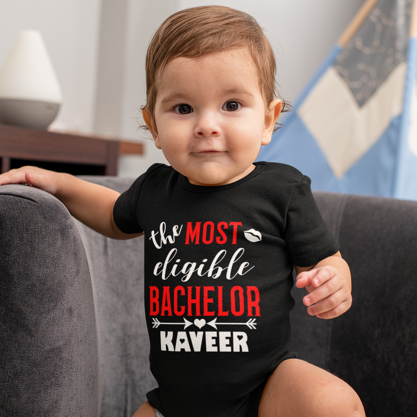 Most Eligible Bachelor Personalised Valentine Day Black Tshirt / Onesie / Romper