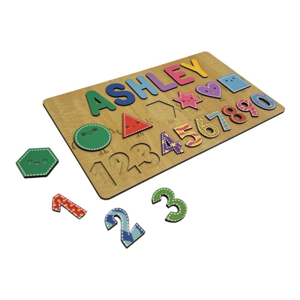 Personalised Wooden Name Puzzle- Shapes & Numbers - Vibrant