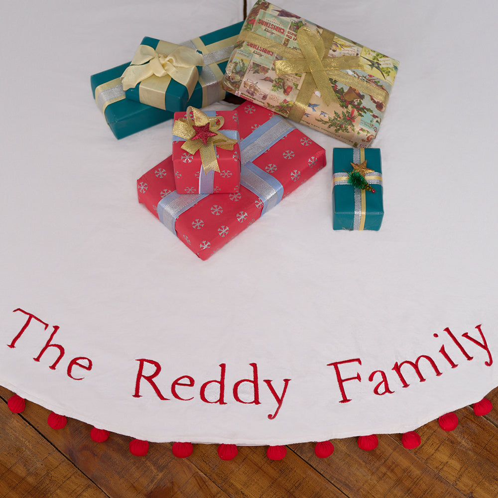 Personalised-Pom Pom Tree Skirt (Ivory/Red)