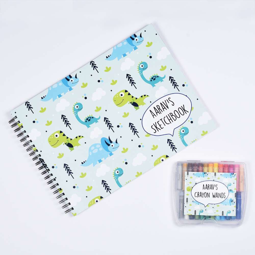 Sketch Books With Personalized Crayons - Cute Dinos