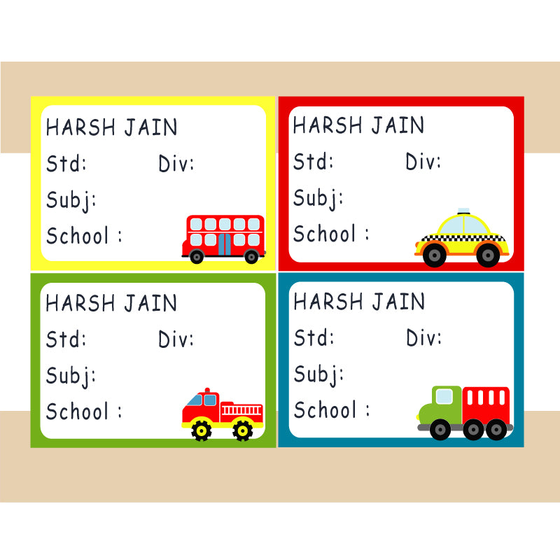 Personalised School Book Labels - Transport, Pack of 36